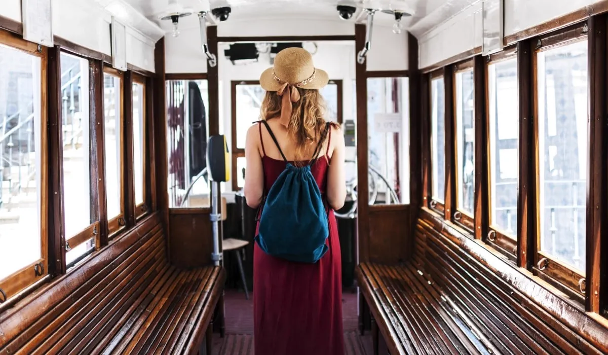 Inside a classic Lisbon tram with wooden benches