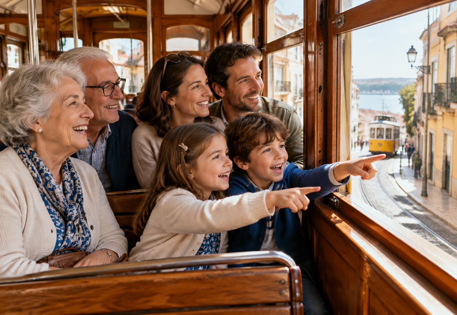 A family of three generations pointing at the street from inside a vintage tram