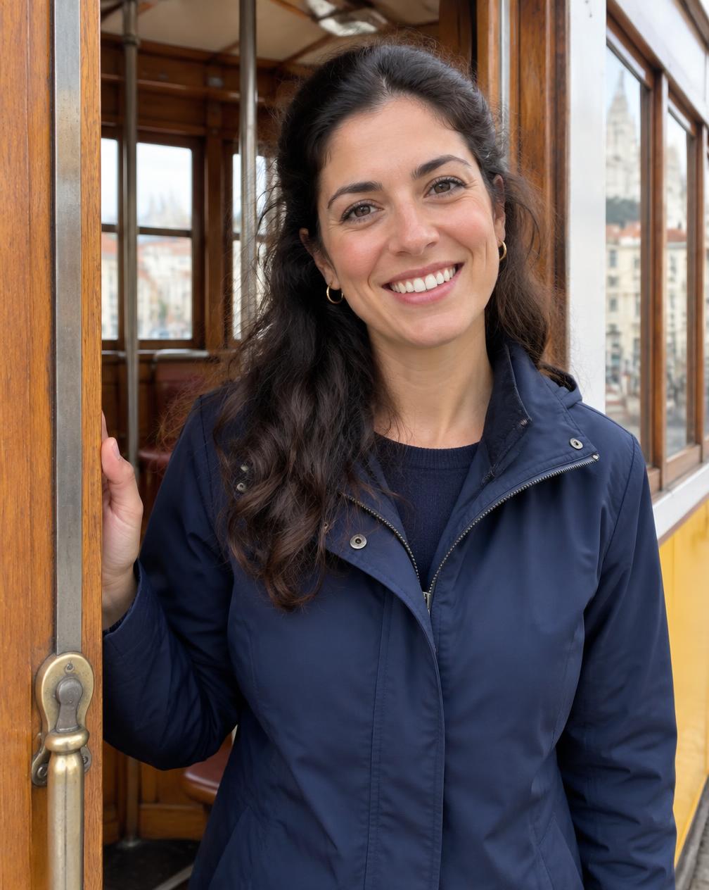 A smiling Lisbon guide in a navy jacket standing in the doorway of a vintage tram