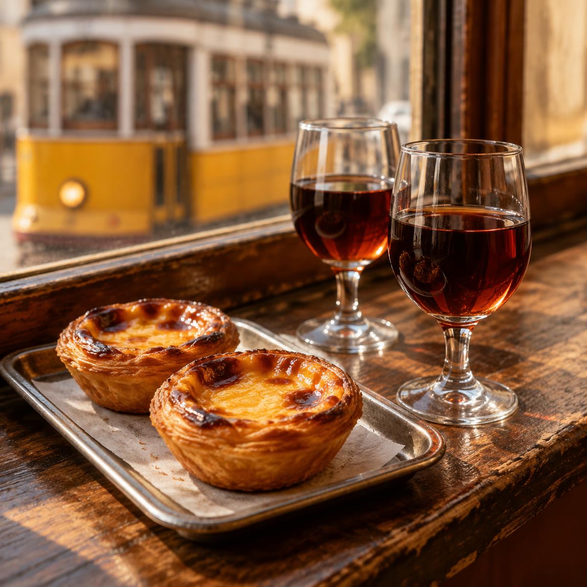 Pastéis de nata on a tray beside two glasses of port wine by a tram window