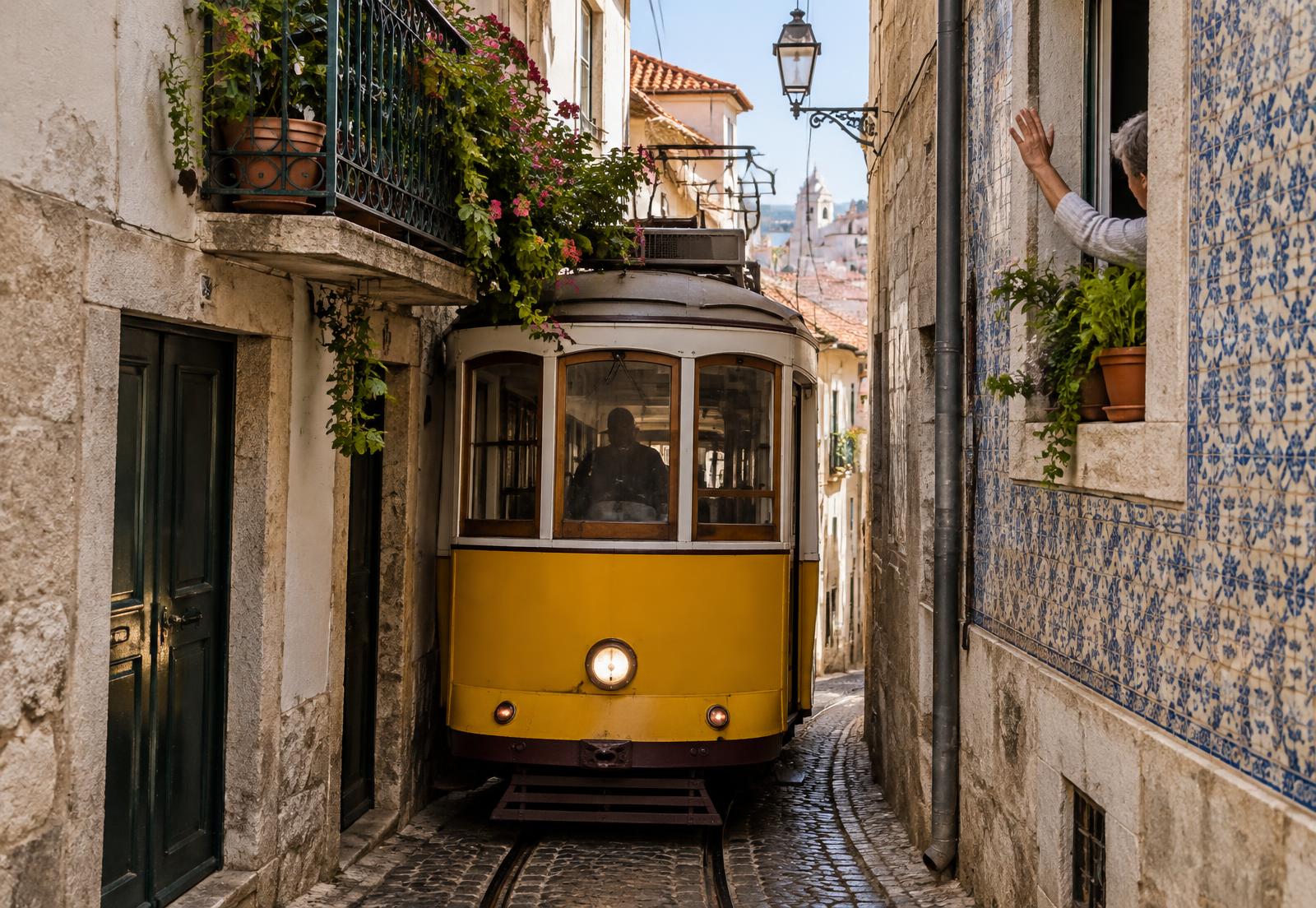 A yellow tram squeezing through a very narrow Alfama street lined with tiles and balconies