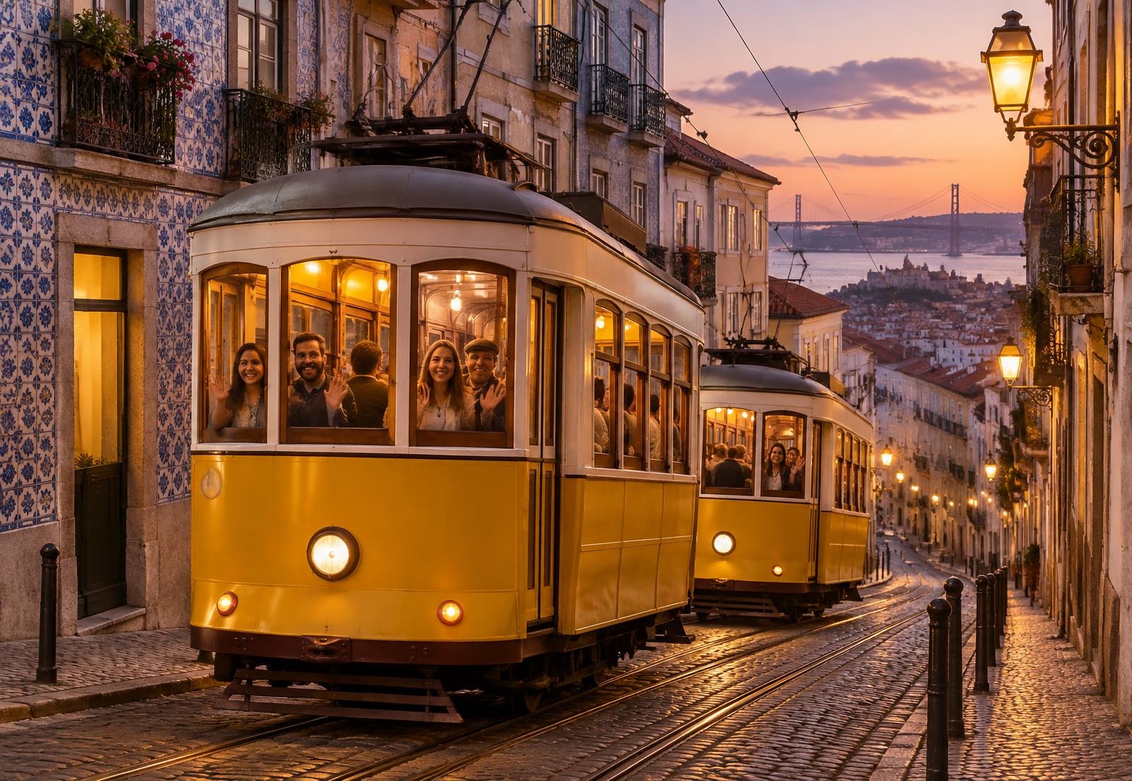 Two vintage yellow Lisbon trams travelling one behind the other at dusk