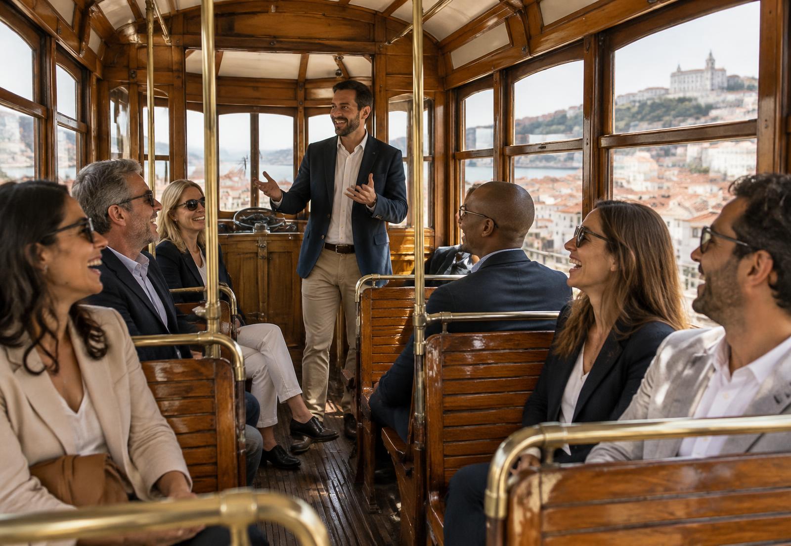 A corporate group laughing inside a vintage wooden tram while their guide talks at the front