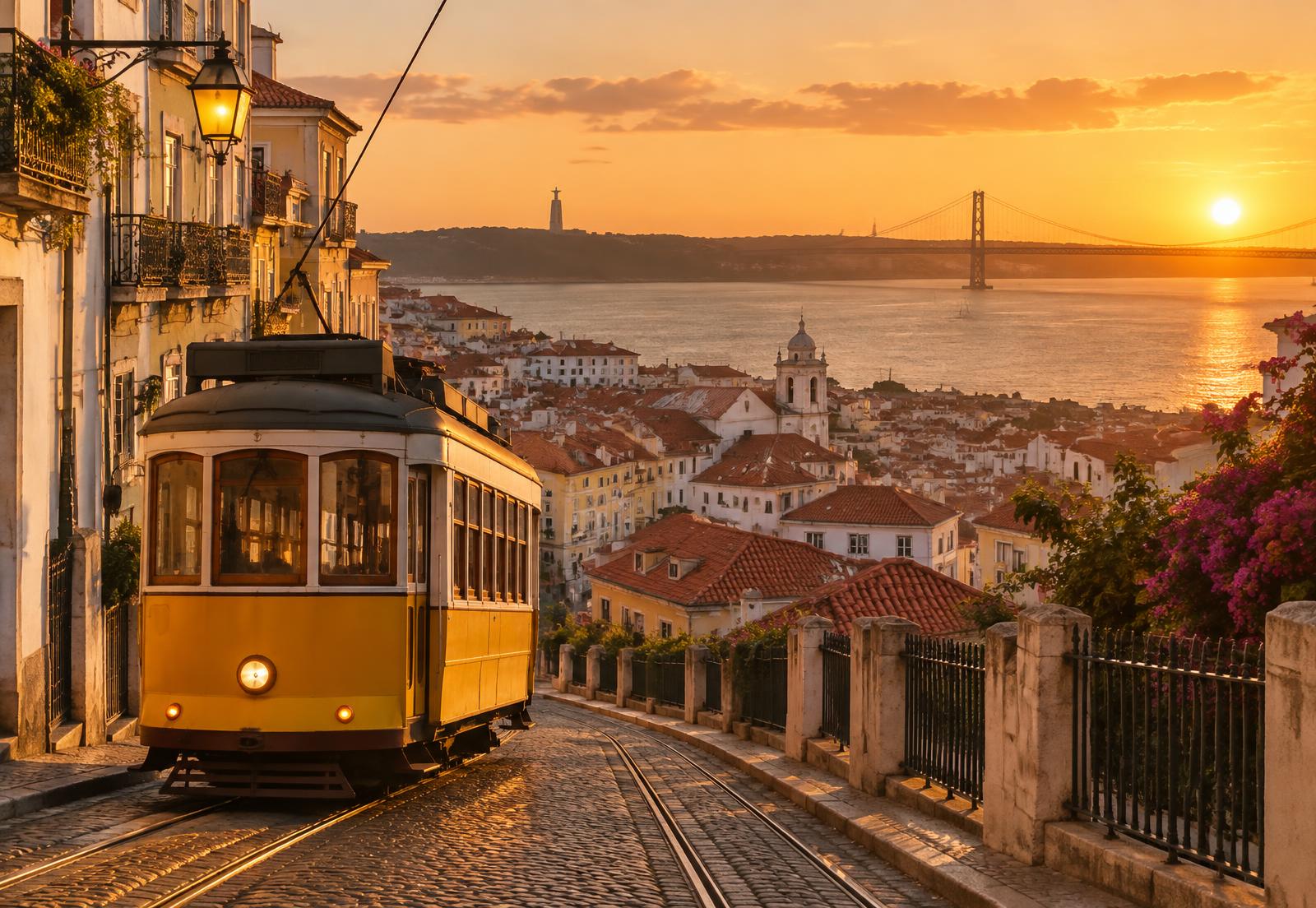 Lisbon's terracotta rooftops and the Tagus river at sunset with a tram in the foreground