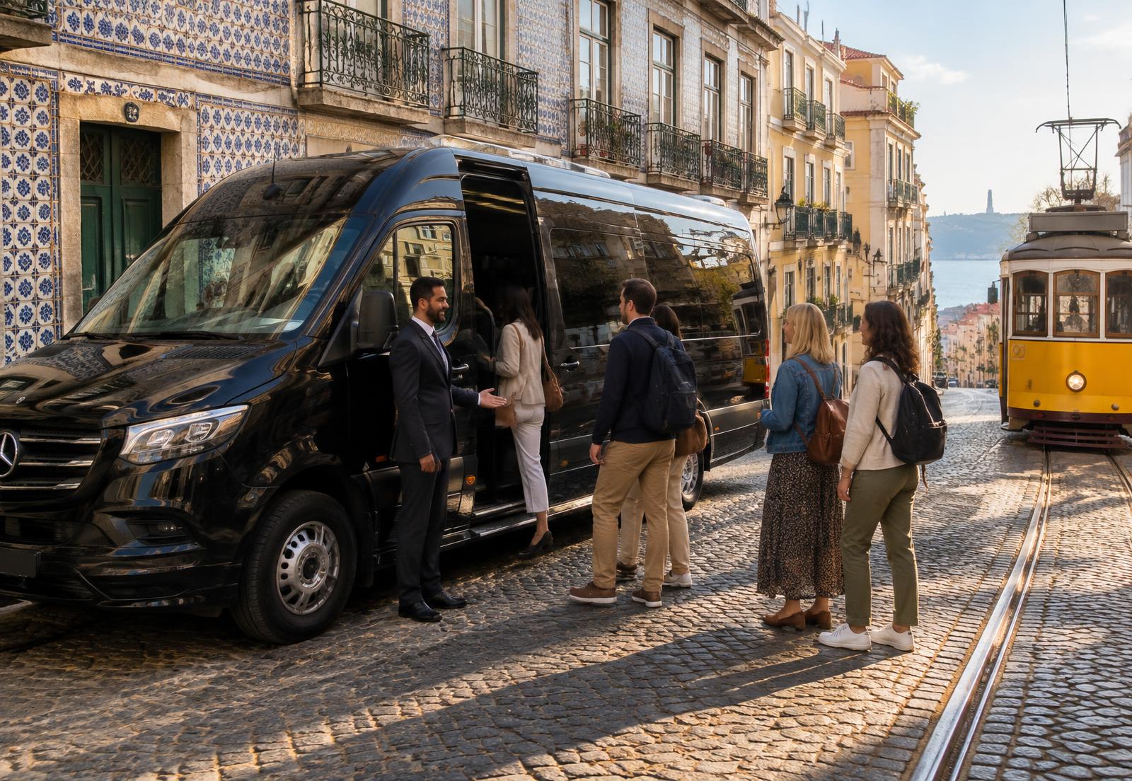 A chauffeur welcoming a group boarding a black private minibus beside Lisbon tram rails