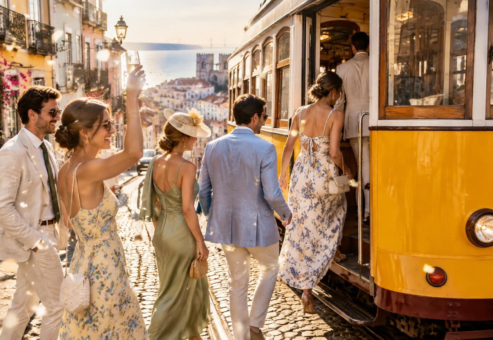 Wedding guests in summer attire boarding a yellow Lisbon tram